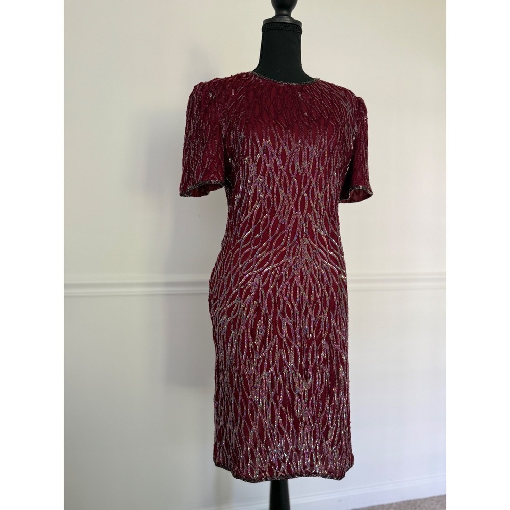 Vintage Laurence Kazar silk Sequin Dress Party Special Occasion Burgundy Size M - Picture 8 of 8